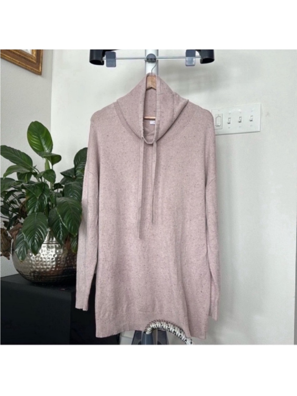 J Jill Pure Knit Tunic Sweater Pullover Sz L/XL Pink Cowl Neck Drawstring